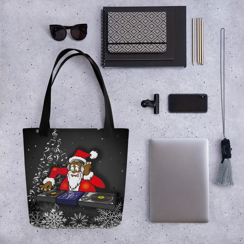 Xmas Christmas Santa Gift Music DJ Fabric Black Tote Bag 15x15