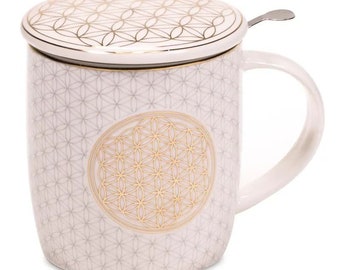 Teetasse mit Deckel und Sieb Porzellan Tee Tasse groß Blume des Lebens Tasse als Set Füllmenge: ca. 400 ml XXL mit Edelstahlsieb