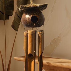 Bamboo wind chime with birdhouse total length approx. 120 cm handmade wind chime from Bali terrace garden or as decoration in the house
