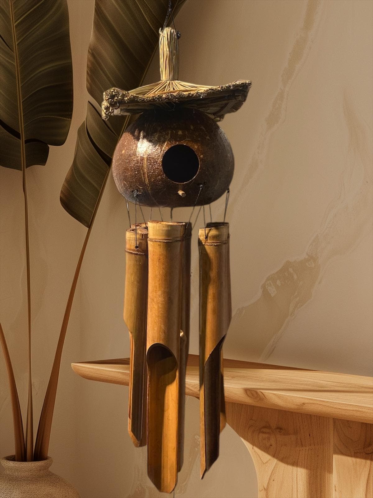 Carillon à Vent En Bambou De Bali – 6 Tubes (35 à 50 Cm) – Longueur Totale 120 Cm – Son Profond Et Apaisant – Pour Jardin, Terrasse