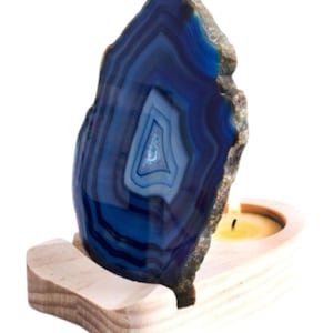 Gemstone Lamp Agate Tealight – Blue Agate Slice with Wooden Tealight Holder, Natural Product (Approx. 10-12 cm, 100g)