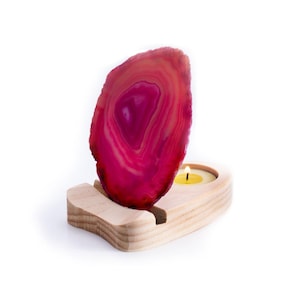 Gemstone Lamp Agate Tealight – Pink Agate Slice with Wooden Tealight Holder, Natural Product (Approx. 10-12 cm, 100g)