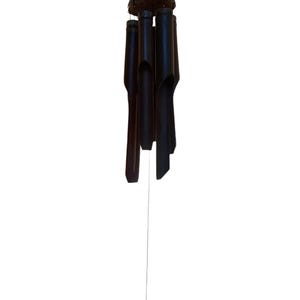 May include: A black bamboo wind chime with a round top and five hanging tubes. The tubes are hollow and have a natural wood finish.