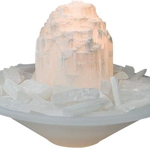 Selenite Fountain Indoor Fountain Iceberg Skyscraper Mountain Complete Set with Chips/Tips | glass bowl and pump