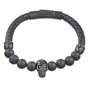 Men&#39;s Bracelet Black Skull AARON BANE Black Skull with Pearl Leather and Clasp