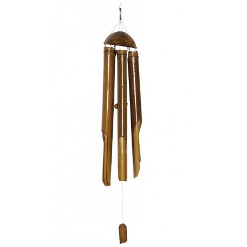 May include: A brown bamboo wind chime with a coconut shell top and five hanging tubes. The chime is suspended from a string with a small wooden bead at the bottom.