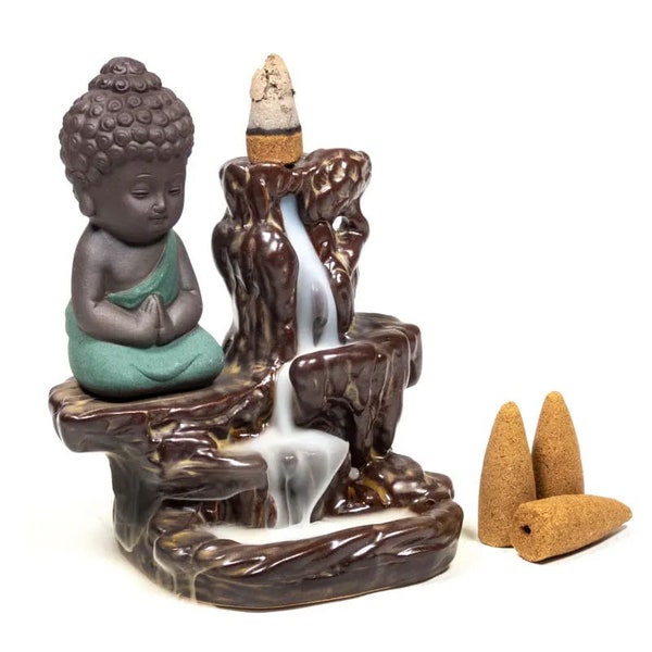 Rückfluss Räuchergefäß Wasserfall Weihrauchhalter Räucherstäbchenhalter Räucherstäbchen Halter mit 10pcs Räucherkegel (Buddha)