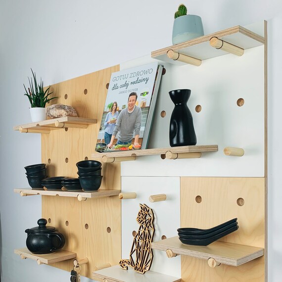 Wooden Pegboard Shelf with Wooden Pegs