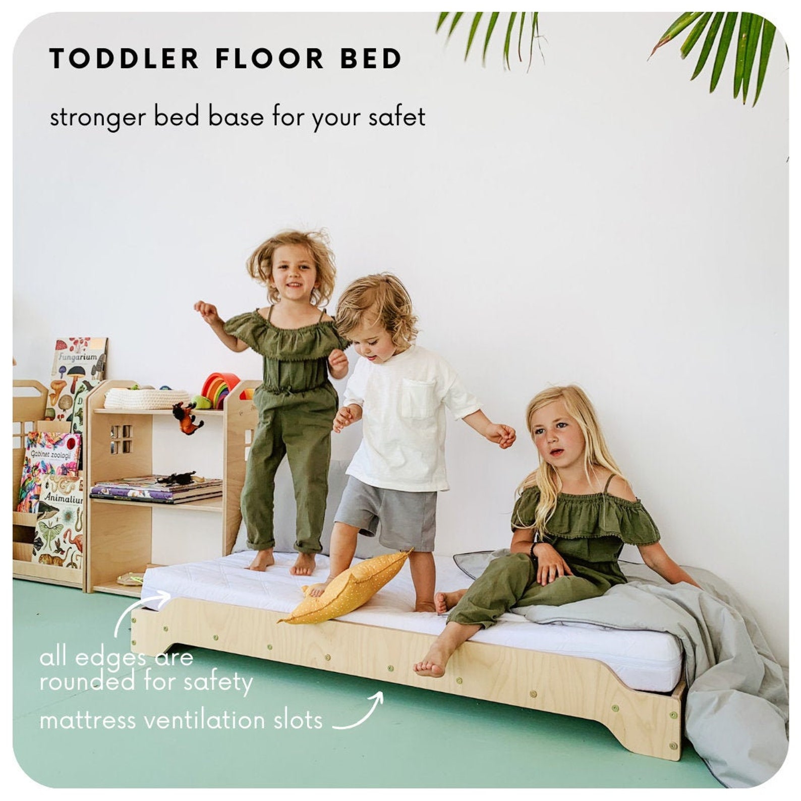 AIYAPLAY Montessori Kinderbett 140x70 Cm - Mit Anti-Fall-Seiten & Bären-Design