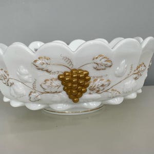 Westmoreland Milk Glass Paneled Grape Bowl w/Gold Accents