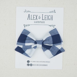 Navy blue checker bow - Choose your bow style - Navy blue buffalo plaid bow clip - Dark blue checker hair clips - Blue fabric bow headband