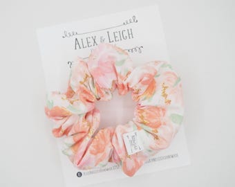 Coral floral scrunchie - Scrunchies - hair accessories - hair tie - hair elastics