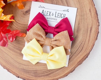 Fall hair bows set - Autumn Fabric bows - Red Yellow and Brown fall bow set - Sailor hair bow - for newborn, toddler, girls and all