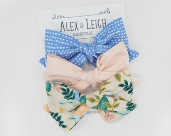Spring floral bow set - Set of 3 bows - Rifle paper Co. floral bow - pink and blue bow set - pink flower hair clips