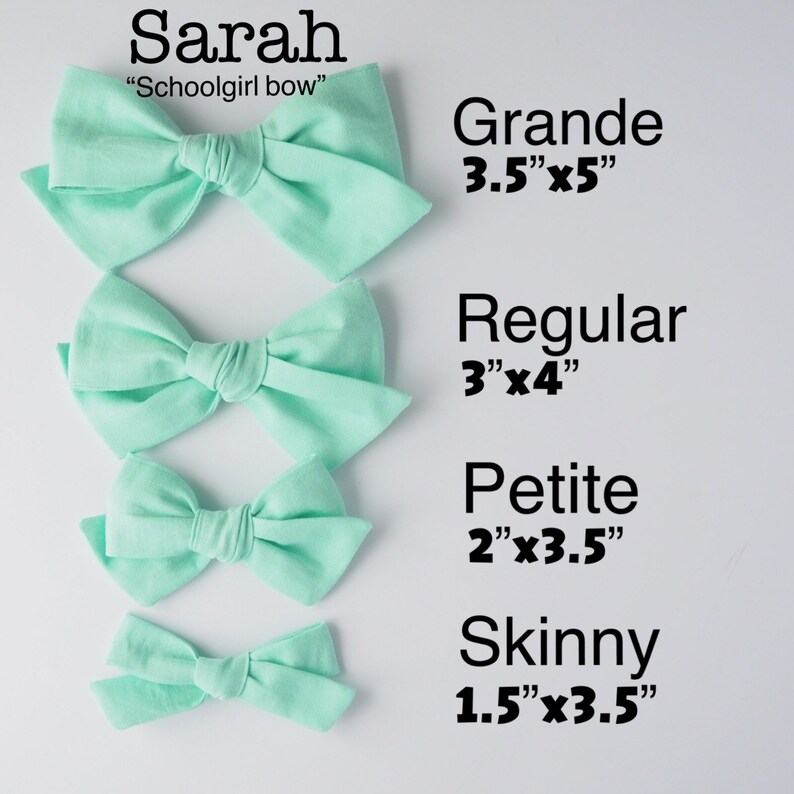 May include: Four mint green fabric hair bows in different sizes. The bows are labeled "Grande 3.5"x5", "Regular 3"x4", "Petite 2"x3.5", and "Skinny 1.5"x3.5".