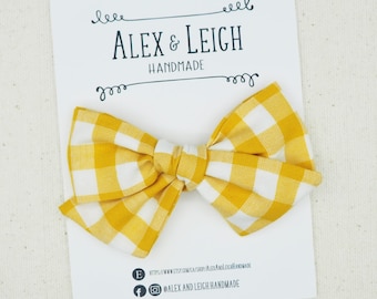 Yellow gingham check bow - Choose your bow style - Yellow buffalo bow - Yellow and white check fabric bow - Easter bow - Spring summer bows