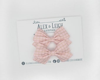 Pink grid bow - pink and gold hair bow - Valentine’s Day bow - pink and gold checker print - choose your style bow