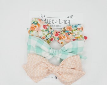 Spring floral mix - Set of 3 bows - pink and mint bows set - mixed floral spring bow - blush pink bow - mint green bow