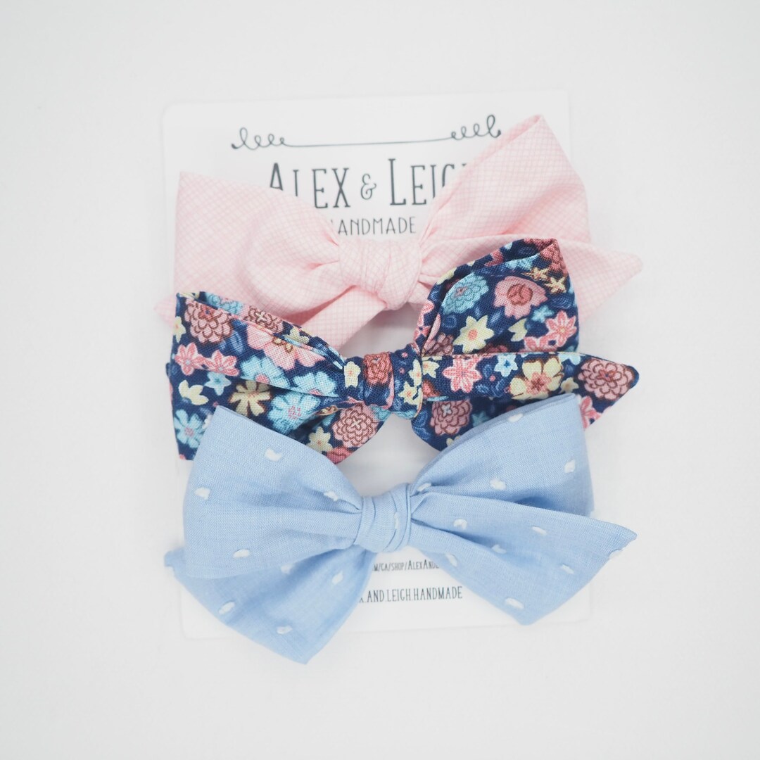 Trío floral azul y rosa Juego de 3 moños Lazo floral azul Lazos de pelo ...