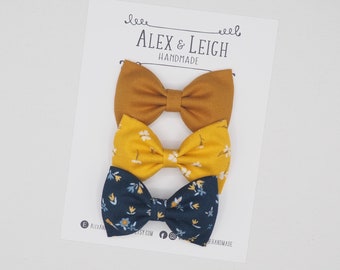 Fall floral hair bow - Set of 3 bows - brown yellow and navy bow - fall color hair accessories - yellow and blue hair clips