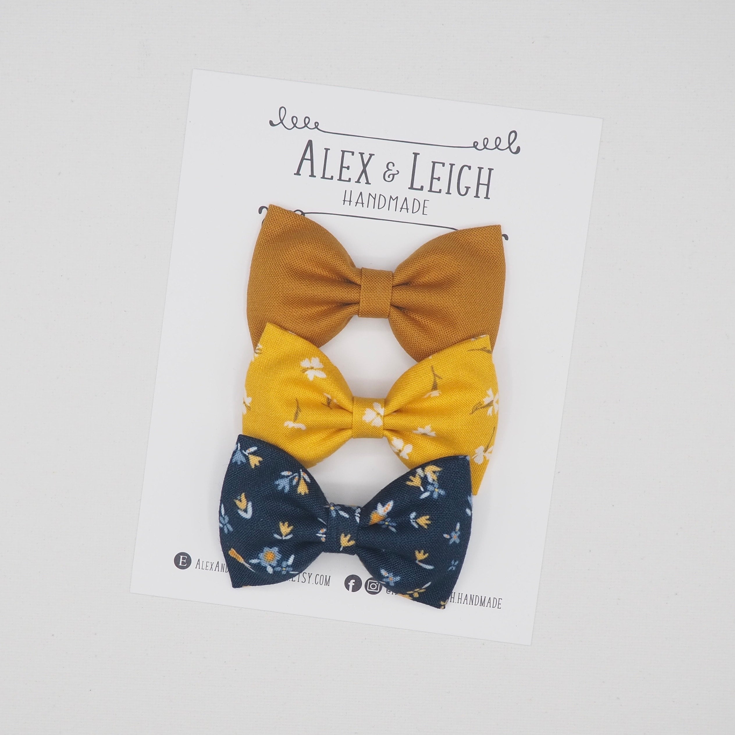Fall Floral Hair Bow - Set of 3 Bows - Brown Yellow and Navy 