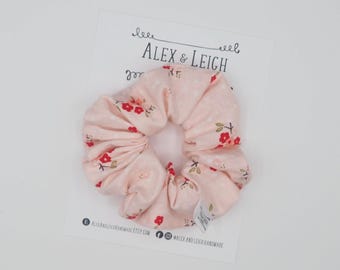 Pink floral scrunchie - pink cherry blossom flower scrunchie - Scrunchies - cotton scrunchie - hair accessories - hair tie - hair elastics