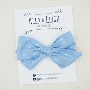 Light blue Swiss dot bow - Choose your bow style - Spring hair bow - Blue Easter bow - Swiss dot bow headband - Blue with white dots bow