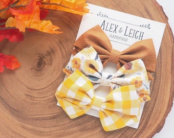 Fall hair bows set - Autumn fabric bows - Sunflower, Yellow Check and Rust Dot bows - Sailor hair bow - for newborn, toddler, girls and all