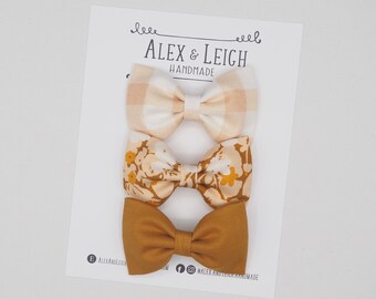 Fall floral hair bow - Set of 3 bows - brown yellow and peach hair bow - fall fabric bow - autumn hair accessories