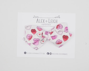 Conversation hearts  bow - choose your bow - pink Valentine’s Day bow - Valentine’s Day heart bow - Valentine’s Day hair clip