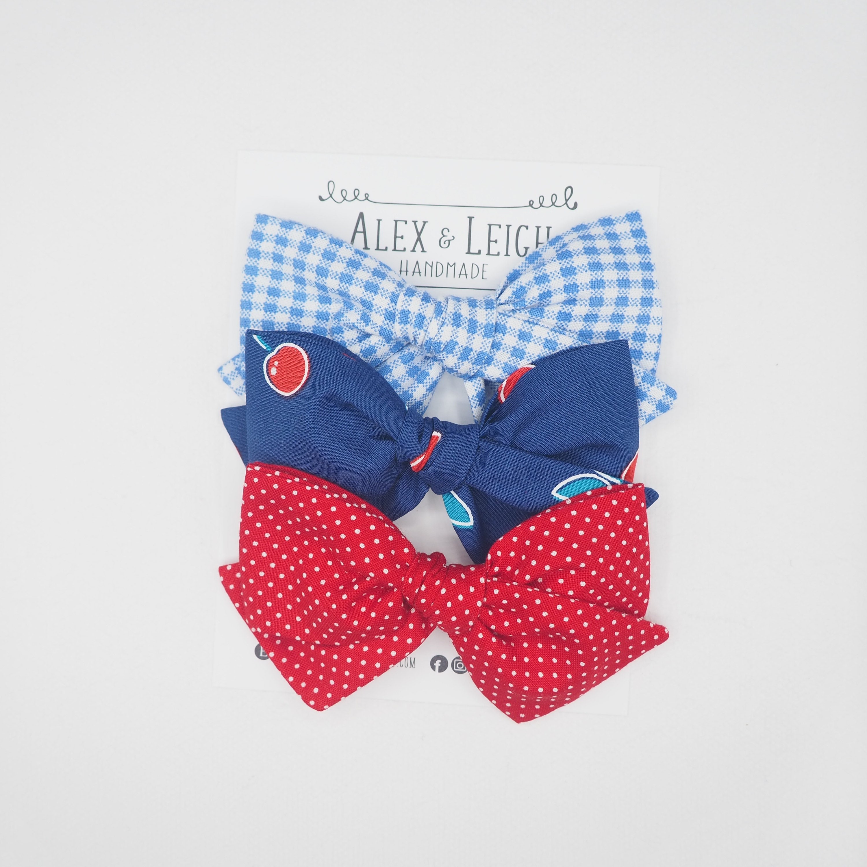 Combo arc cerise - Ensemble de 3 arcs - mini gingham bleu - arc cerise et marine - mini points rouges - ensemble d’arc rouge et marine - arcs printemps été
