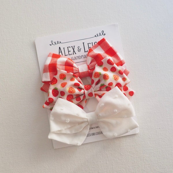 Strawberry picnic bow combo - Set of 3 bows - pick strawberries bow - strawberries hair bow - red gingham check bow - summer hair bow set