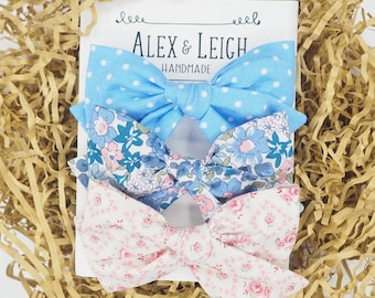 Spring floral bow set - Set of 3 bows - Pink and blue floral bow - Rose bud floral hair clip - Baby blue with white polka dot bow