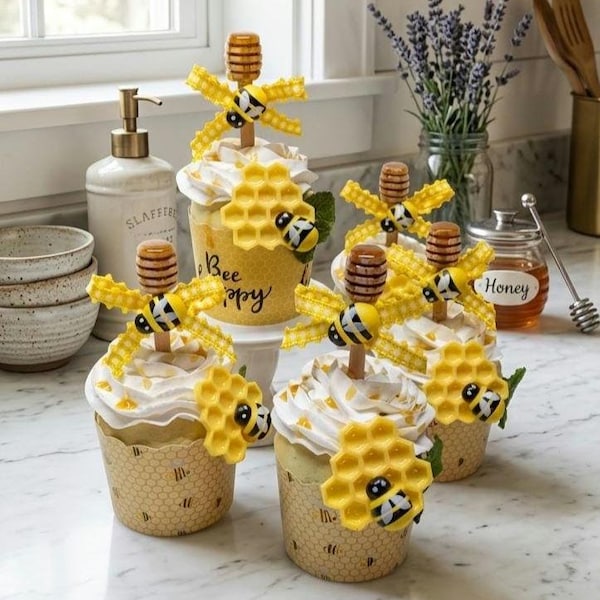 Faux Cupcakes, Bee Decor for Tiered Tray, Spring and Summer Decorations