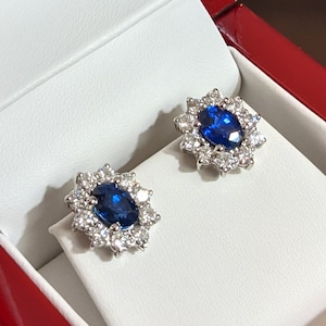 2.70 ctw Genuine Blue Sapphire and 1.50 ctw Diamond Halo Earrings - 14k/18K White, Yellow, Rose Gold and Platinum | Sapphire Halo Earrings