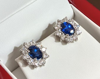 2.70 ctw Genuine Blue Sapphire and 1.50 ctw Diamond Halo Earrings - 14k/18K White, Yellow, Rose Gold and Platinum | Sapphire Halo Earrings