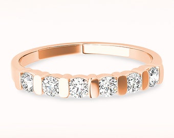 0.35 ctw Diamond Wedding Band - 14K/18k Solid Rose Gold | Bar Set Diamond Wedding Anniversary Ring | Modern Design