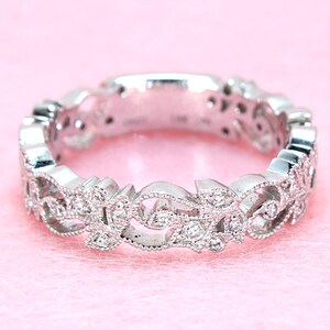 18K White Gold Diamond Flower Wedding Ring | Art Deco Diamond Flower Ring | 3/4 Way Almost Eternity Band | Sizable Diamond Eternity Ring
