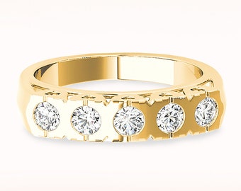 1 ctw Diamond Wedding Band - 14K/18k Solid Yellow Gold | Bezel Set Diamond Wedding Anniversary Ring | Modern Design