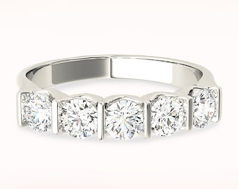1 ctw Diamond Wedding Band - 14K/18k Solid White Gold / Platinum | Bar Set Diamond Wedding Anniversary Ring | Modern Design