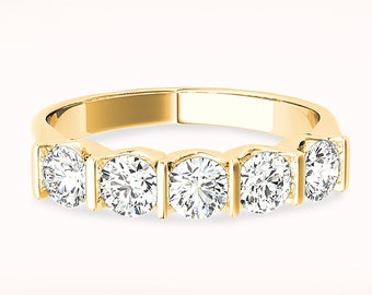 1 ctw Diamond Wedding Band - 14K/18k Solid Yellow Gold | Bar Set Diamond Wedding Anniversary Ring | Modern Design