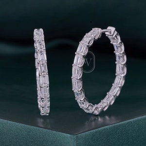 5.0 ct. Emerald Cut Lab Grown Diamond Hoop Earrings - 14k White Gold Emerald Diamond Inside Out Hoop Earrings