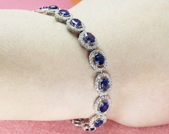 7.41 ctw. Genuine Sapphire and 2.64 ctw Diamond Halo Bracelet - 18K White Gold | Diamond Bracelet | Oval Sapphire and Diamond Bracelet