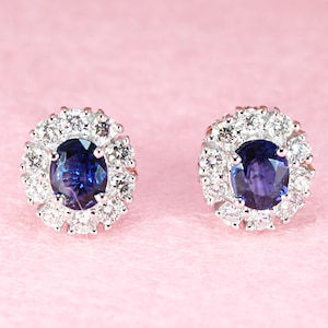 0.85 ctw Genuine Blue Sapphire and 0.43 ctw Diamond Halo Stud Earrings - 14k White Gold | Diamond and Sapphire Halo Earrings | Oval Sapphire