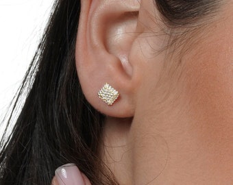 Natural Diamond Square Shaped AMoré Pavé Earrings in 14K/18K White Yellow, Rose Gold or Platinum, Pave Round Diamond Earrings