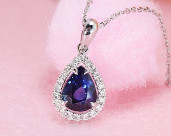 2.08 ct. Genuine Pear Sapphire and 0.15 ctw Diamond Halo Necklace - 18K White Gold | Halo Sapphire Pendant | Sapphire and Diamond Necklace