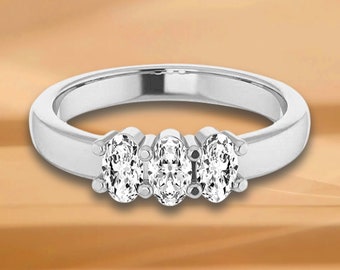 0.63 ct. Oval Cut Diamond 3 Stone Wedding Band - 14K/18K White, Yellow, Rose Gold and Platinum 950, Natural Diamonds Anniversary Ring