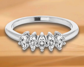 0.50 ct. Marquise Diamond, 5 Stone Wedding Band - 14K/18K White, Yellow, Rose Gold and Platinum 950, Natural Diamonds Anniversary Ring