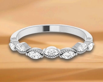 0.45 ct. Marquise Diamond, Milgrain Accent Wedding Band-14K/18K White, Yellow, Rose Gold and Platinum 950, Natural Diamonds Anniversary Ring