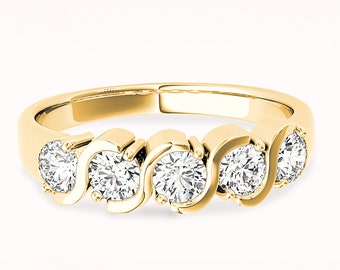 1.00 ctw Diamond Wedding Band - 14K/18k Solid Yellow Gold | S band Diamond Anniversary Ring | Modern Design